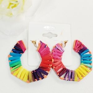 Rainbow Raffia Wrapped Octagon Hoop Earrings